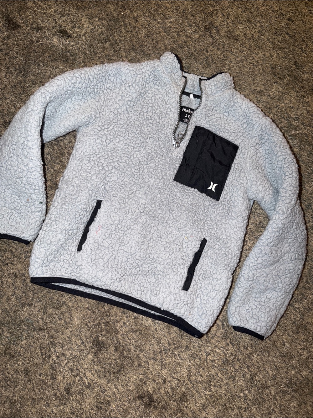 Hurley Light Gray Sherpa Quarter-Zip with Black Chest Pocket